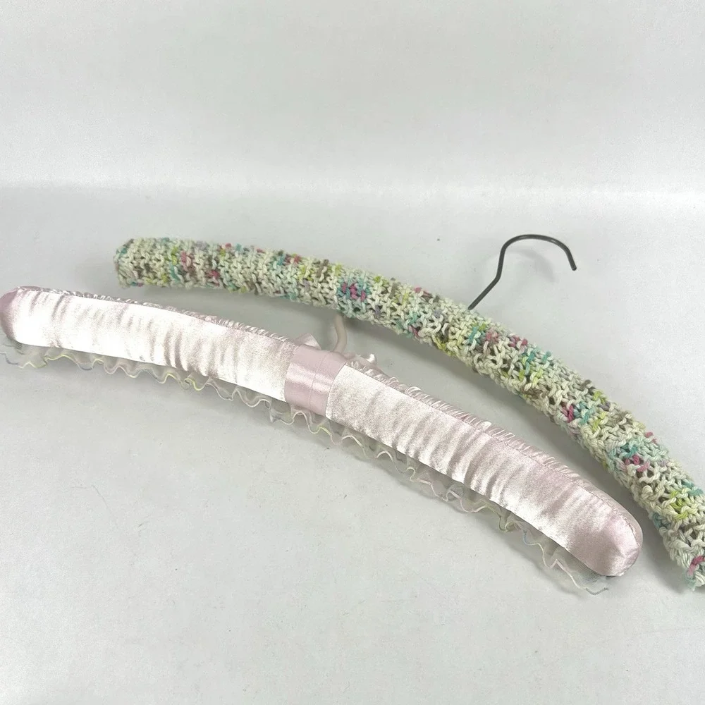 Vintage Yarn Covered Crocheted  And Satin W/ Lace Clothes Hangers